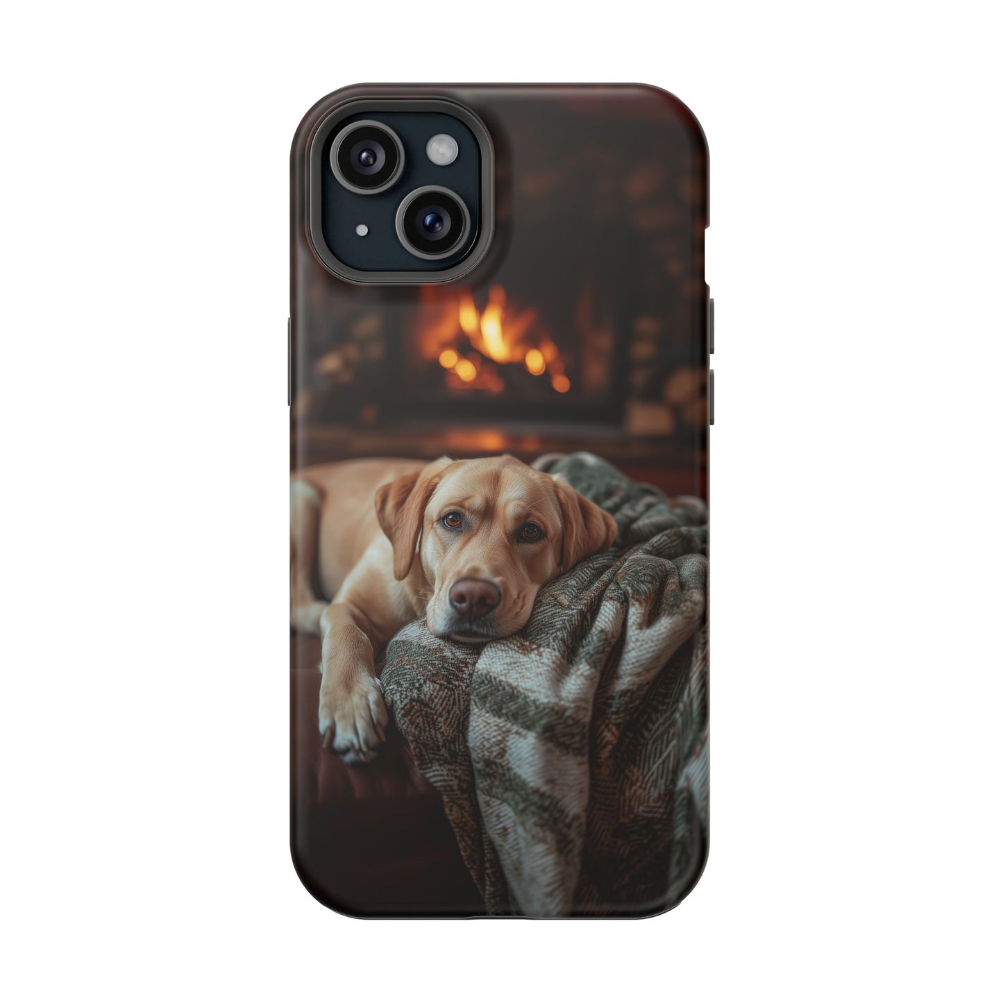 Cozy Labrador by Fireplace MagSafe iPhone Case – Rustic Cabin Protective Cover