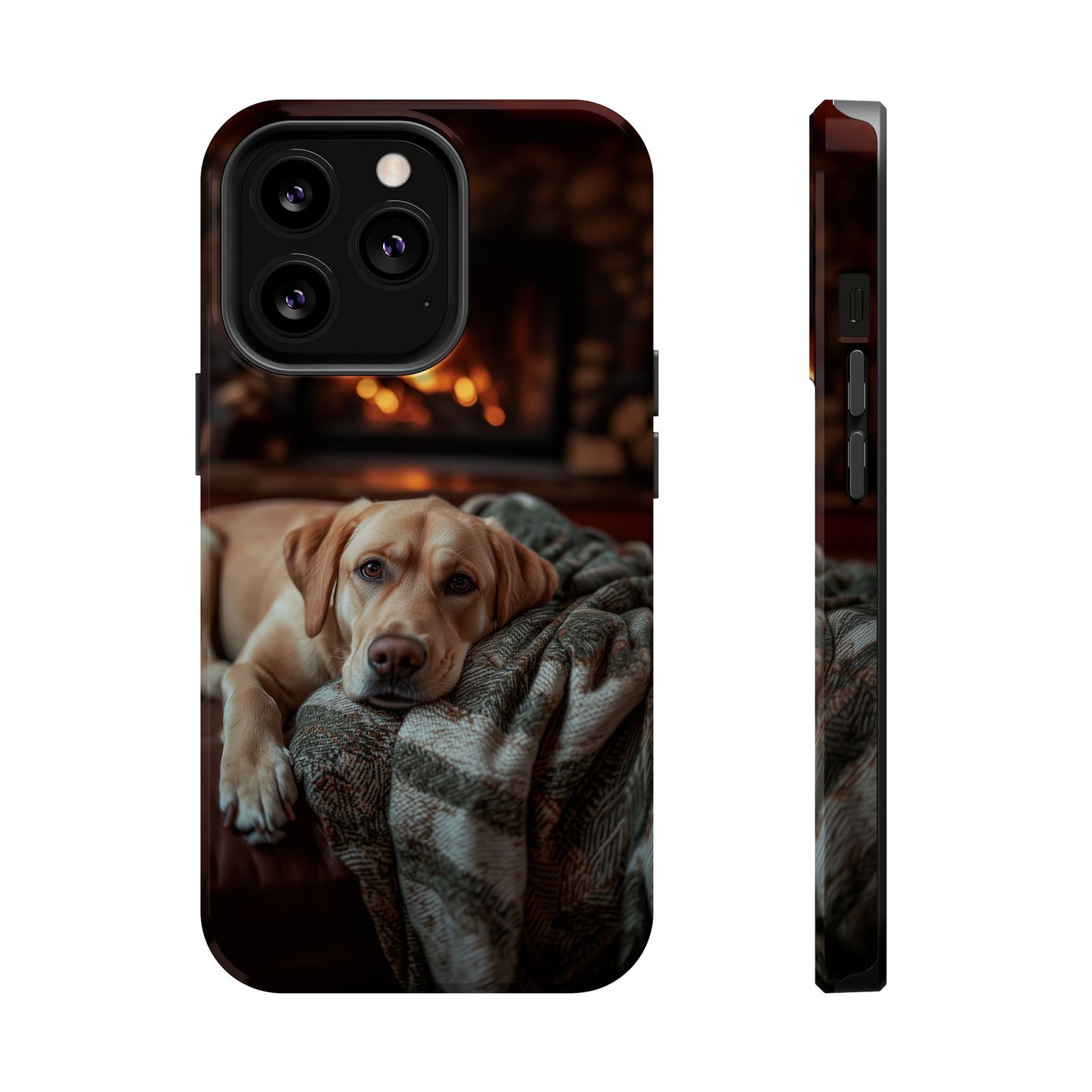 Cozy Labrador by Fireplace MagSafe iPhone Case – Rustic Cabin Protective Cover
