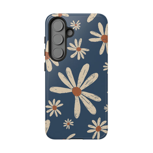 Vintage Daisies Samsung Galaxy Case – Navy Blue Floral Design, Scratch-Resistant with Shock-Absorbing Bumper