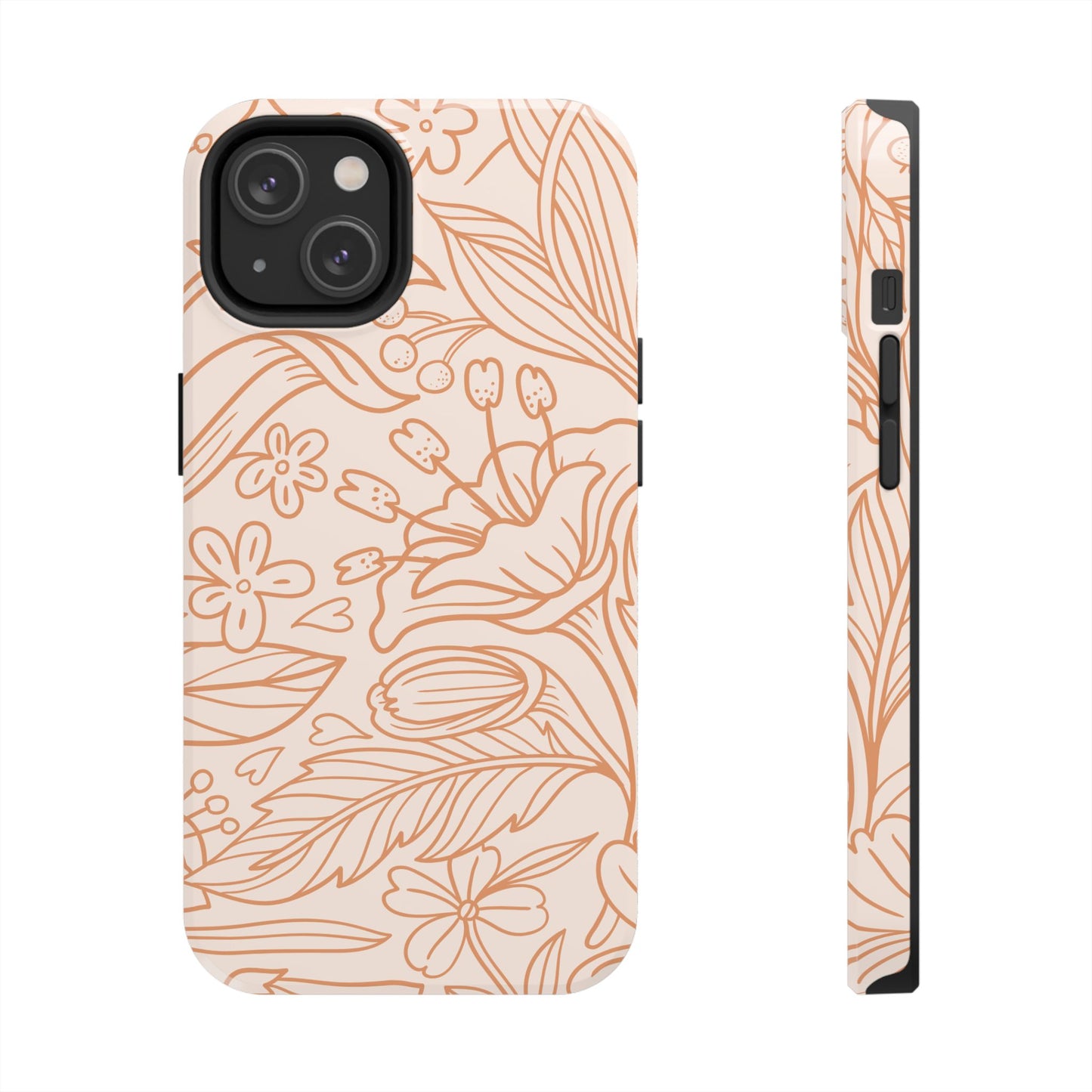 Soft Terracotta Floral Line Art Tough iPhone Case – Minimalist Botanical Design with Dual-Layer Protection