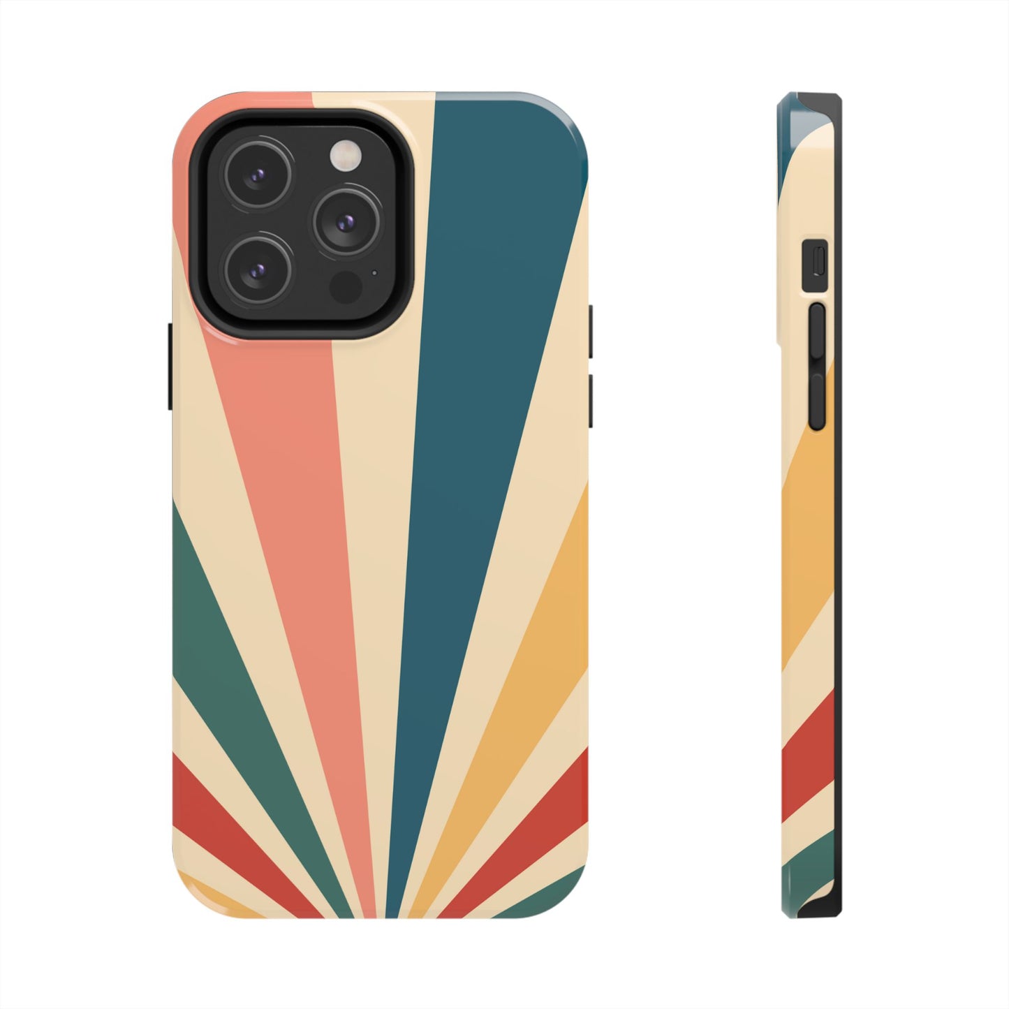 Retro Sunbeam iPhone Case – 70s-Inspired Radiating Stripes in Coral, Teal, and Mustard