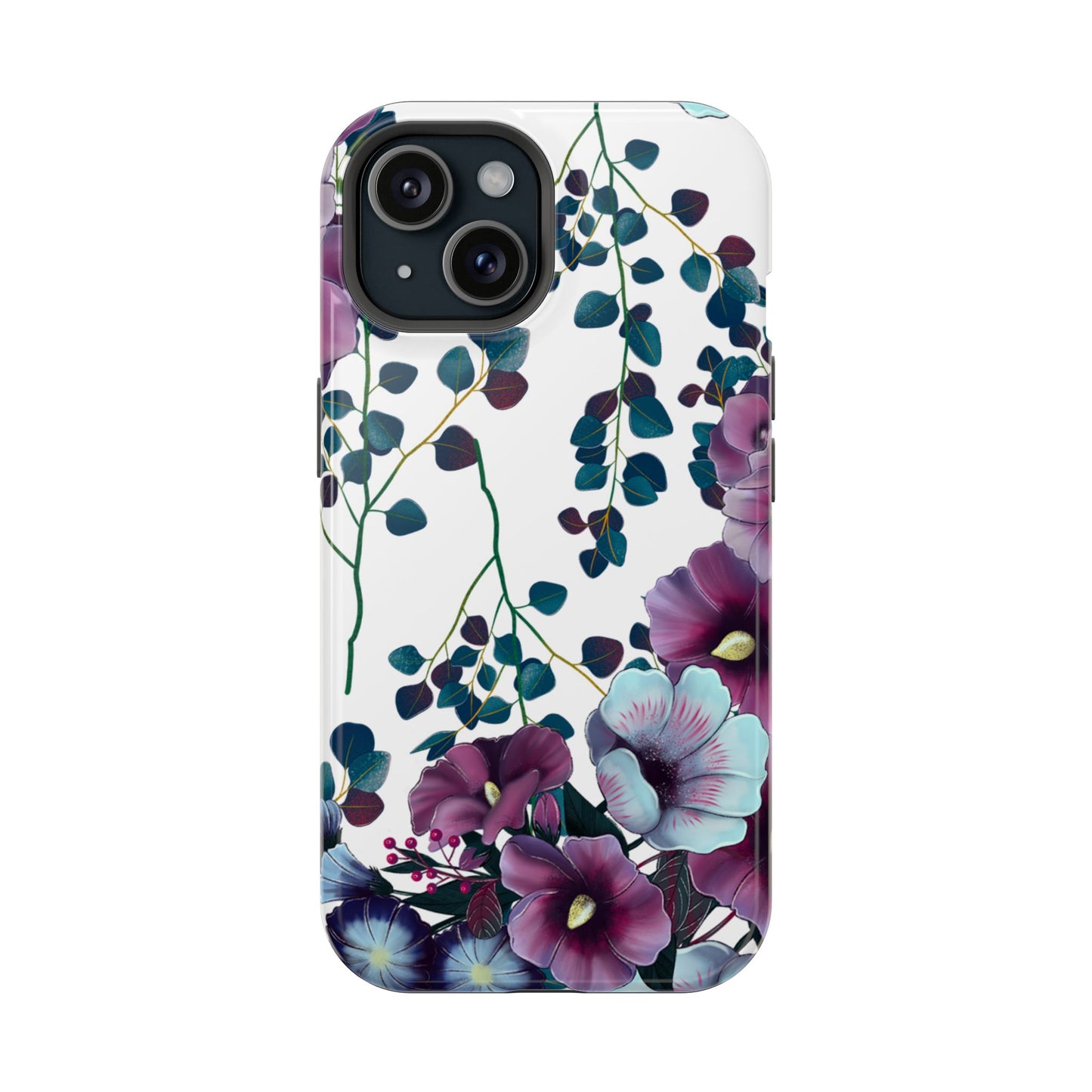 Moody Purple & Teal Floral MagSafe iPhone Series Case – Elegant Botanical Design