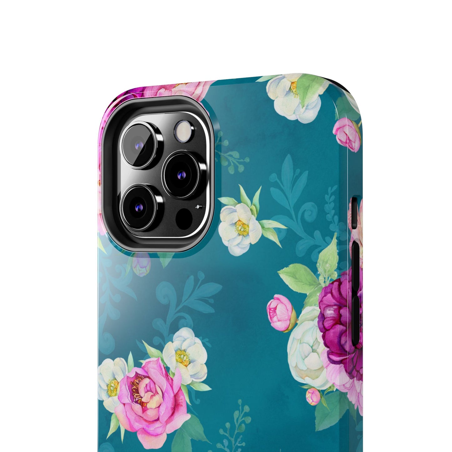 Elegant Peony Bouquet iPhone Case – Deep Teal Background with Romantic Floral Design