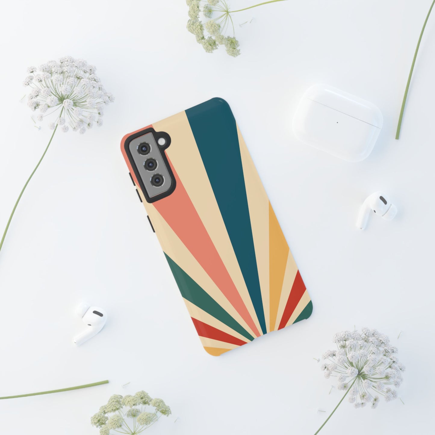 Retro Sunbeam Samsung Galaxy Case – 70s-Inspired Radiating Stripes in Coral, Teal, and Mustard