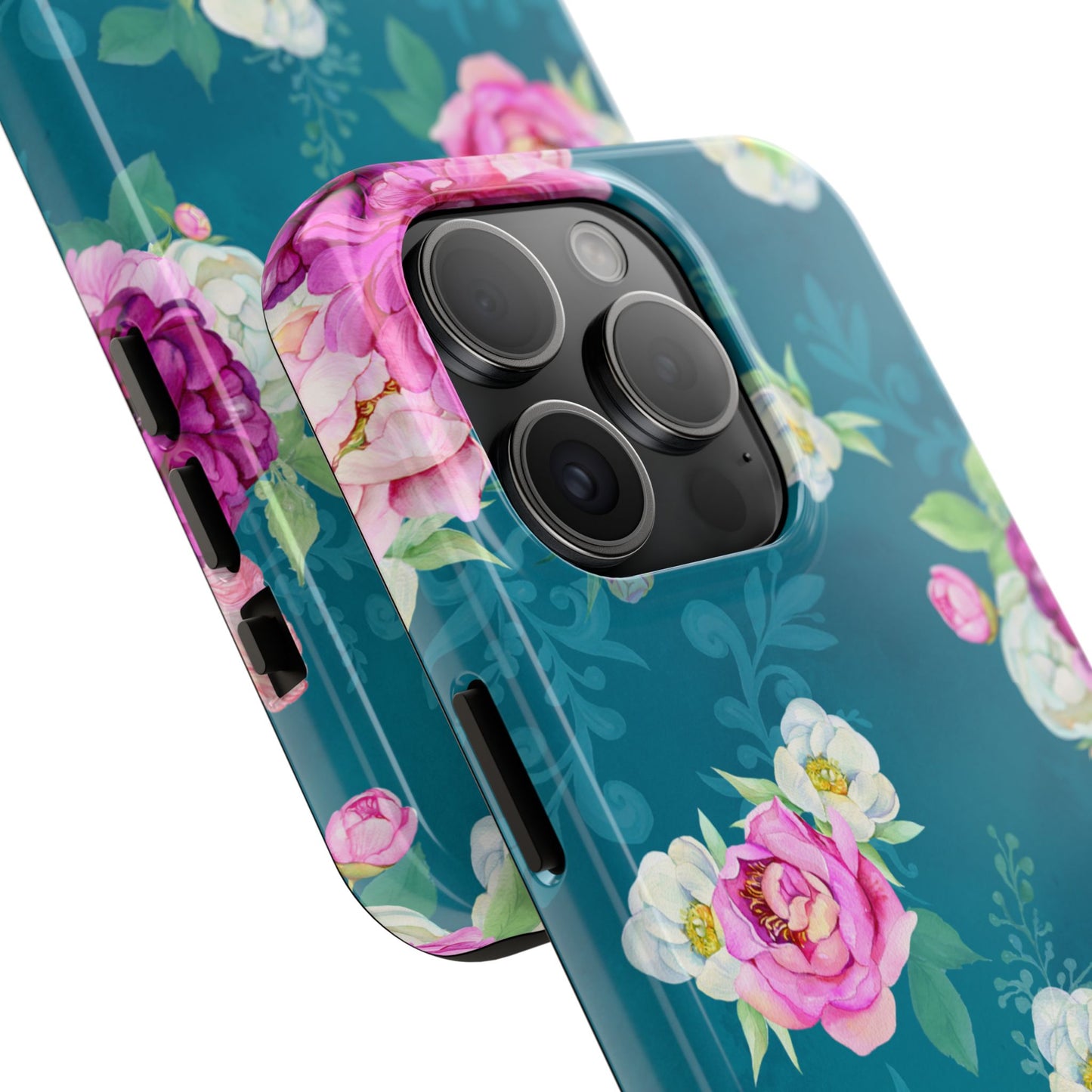 Elegant Peony Bouquet iPhone Case – Deep Teal Background with Romantic Floral Design