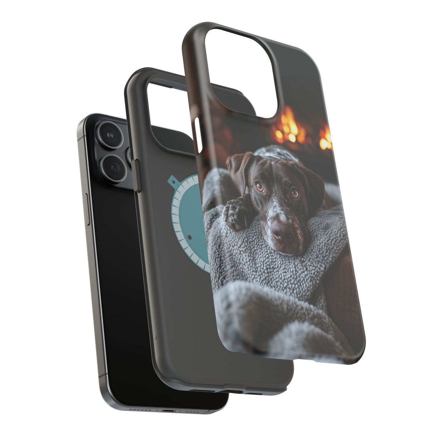 Cozy German Shorthaired Pointer MagSafe iPhone Case – Rustic Fireplace Protective Cover