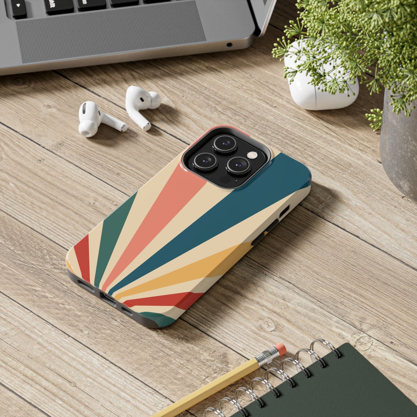 Retro Sunbeam iPhone Case – 70s-Inspired Radiating Stripes in Coral, Teal, and Mustard