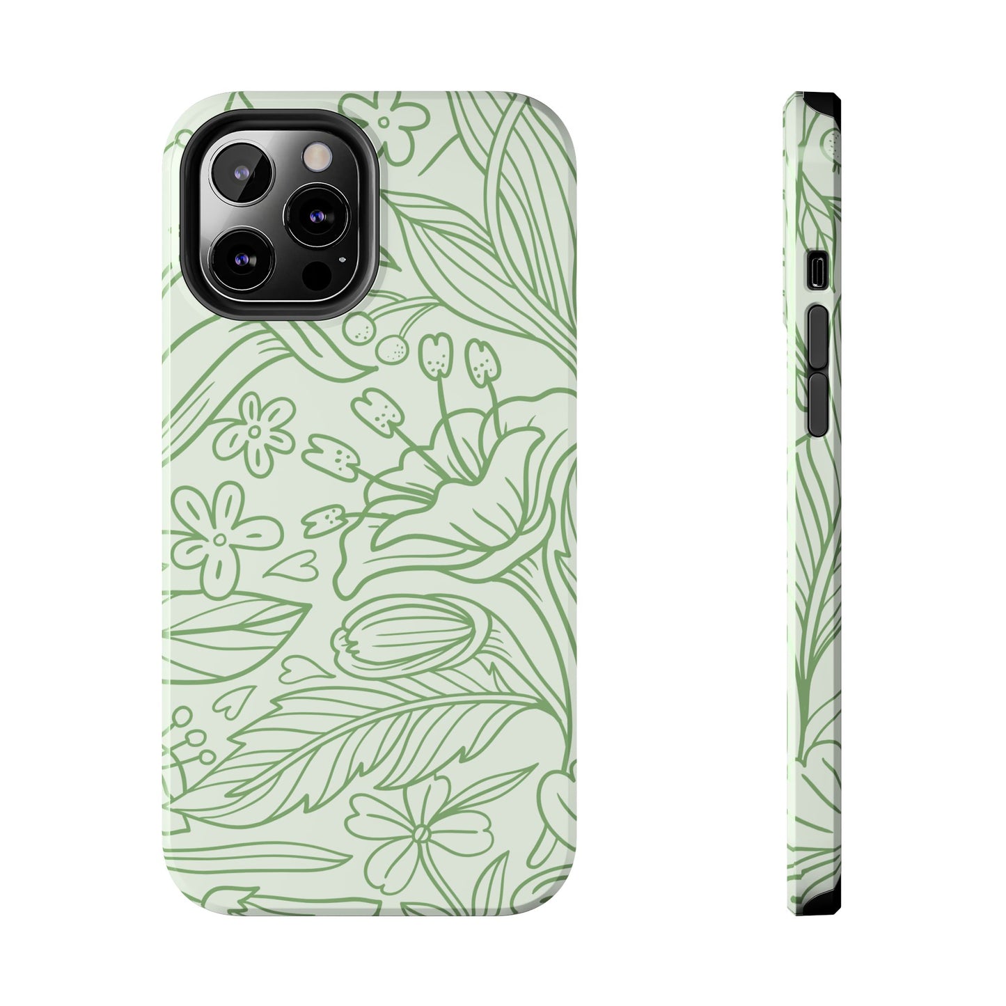 Sage Green Floral Line Art Tough iPhone Case – Minimalist Botanical Design with Dual-Layer Protection