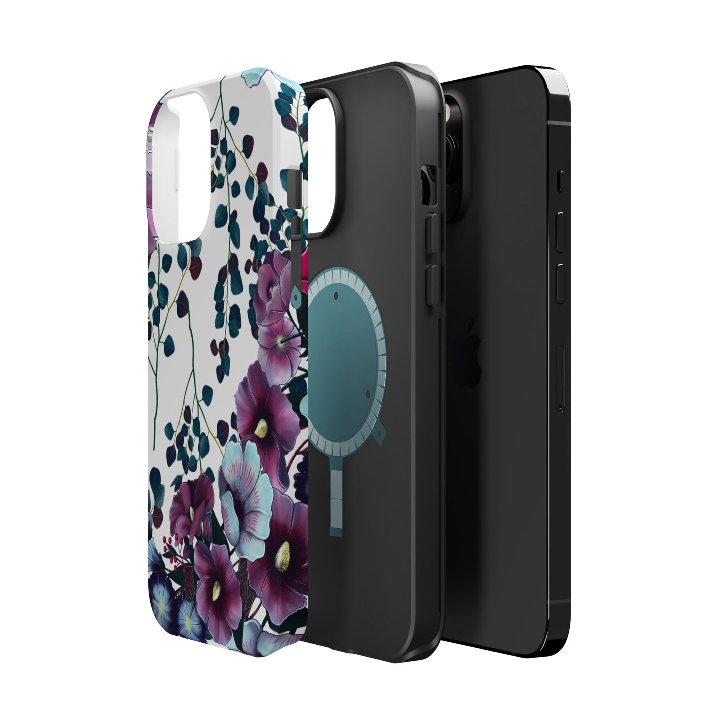 Moody Purple & Teal Floral MagSafe iPhone Series Case – Elegant Botanical Design
