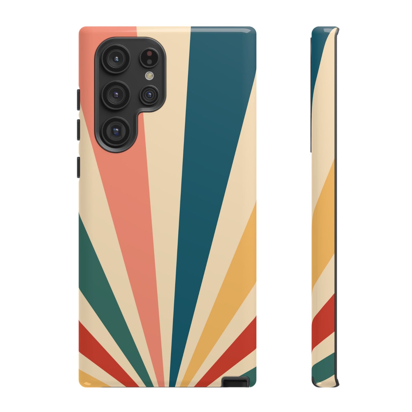 Retro Sunbeam Samsung Galaxy Case – 70s-Inspired Radiating Stripes in Coral, Teal, and Mustard