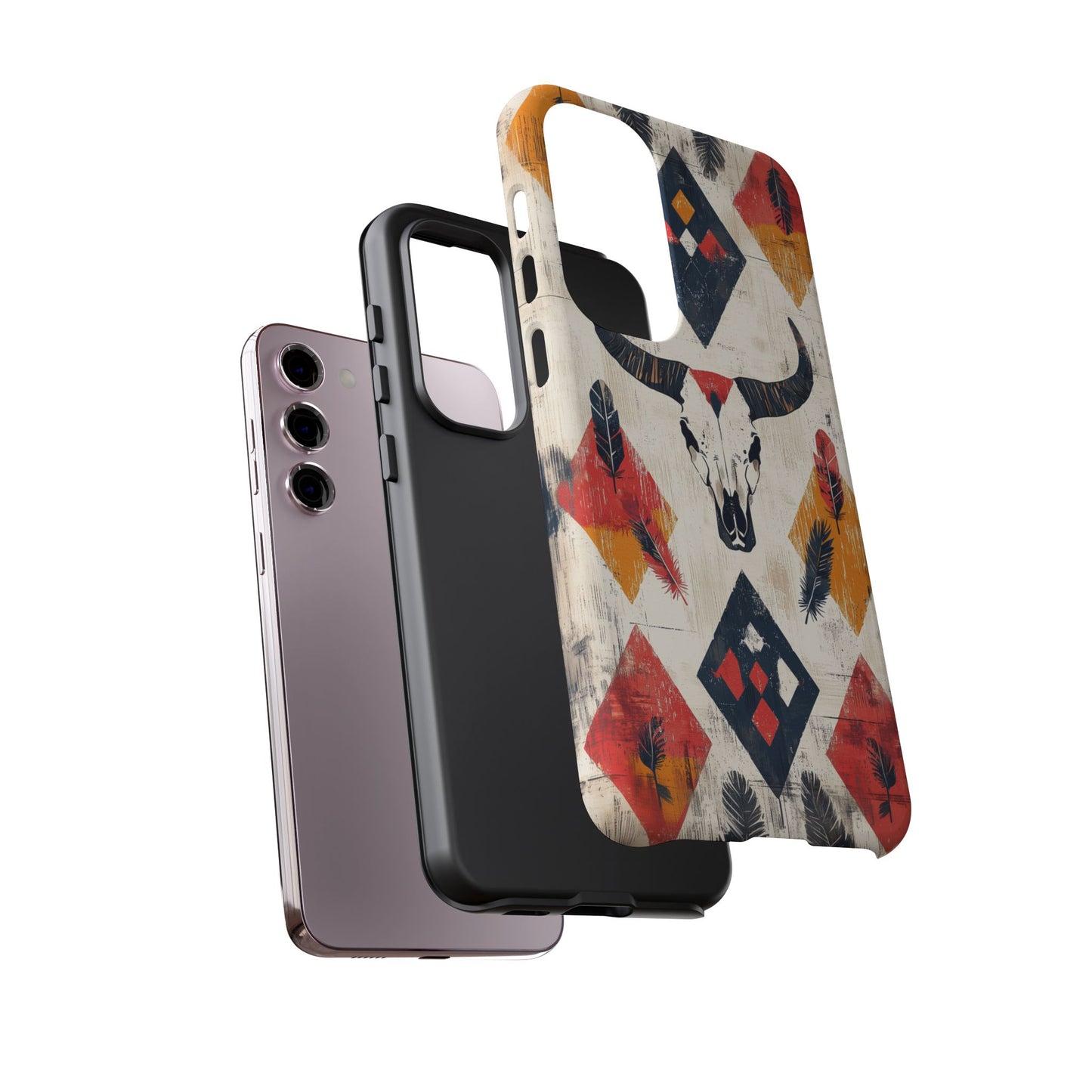 Western Bull Skull & Feathers Tough Samsung Galaxy Case – Bold Tribal Design, Dual-Layer Protection