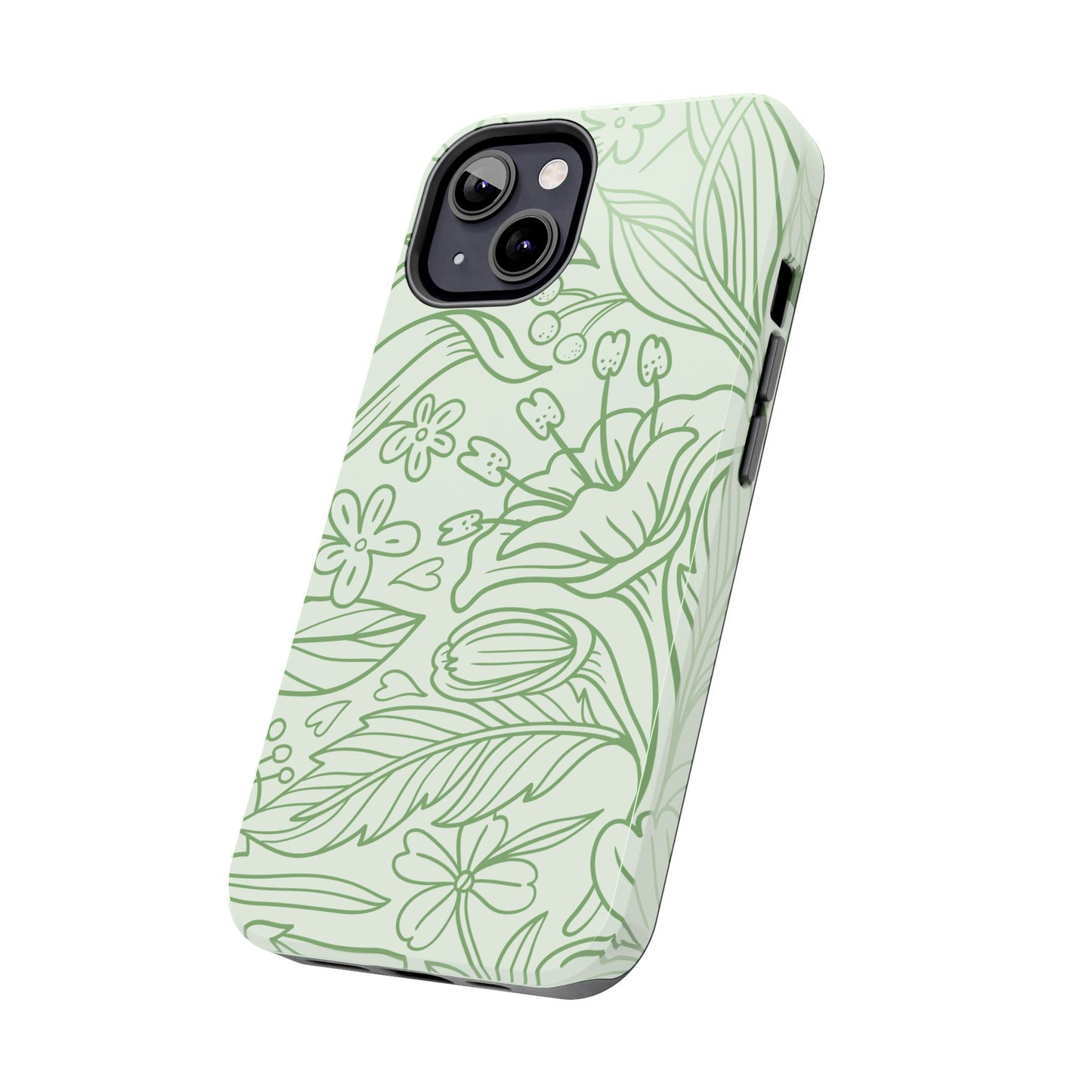 Sage Green Floral Line Art Tough iPhone Case – Minimalist Botanical Design with Dual-Layer Protection