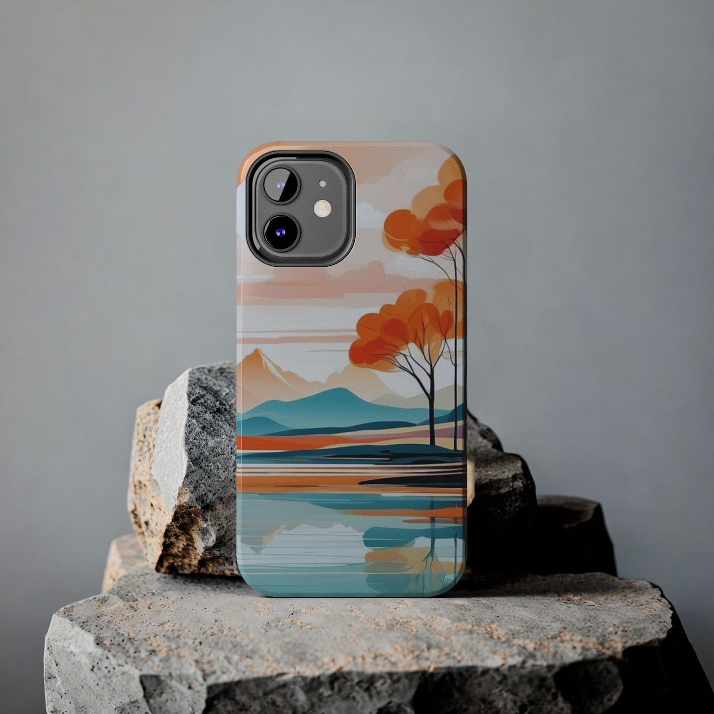 Serene Sunset Lake iPhone Case – Minimalist Landscape Art, Dual-Layer Protection