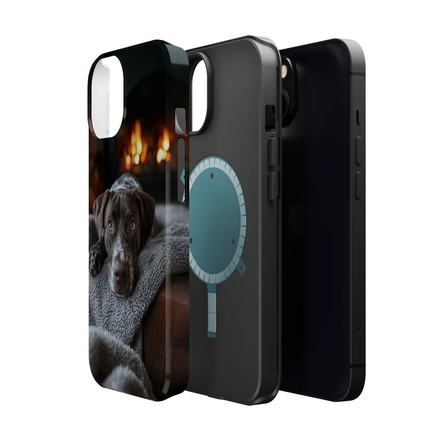 Cozy German Shorthaired Pointer MagSafe iPhone Case – Rustic Fireplace Protective Cover