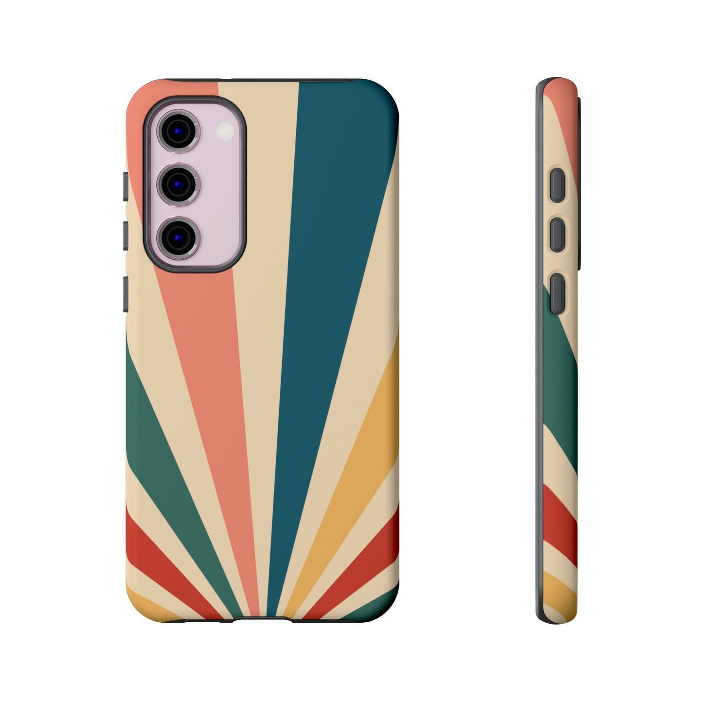 Retro Sunbeam Samsung Galaxy Case – 70s-Inspired Radiating Stripes in Coral, Teal, and Mustard