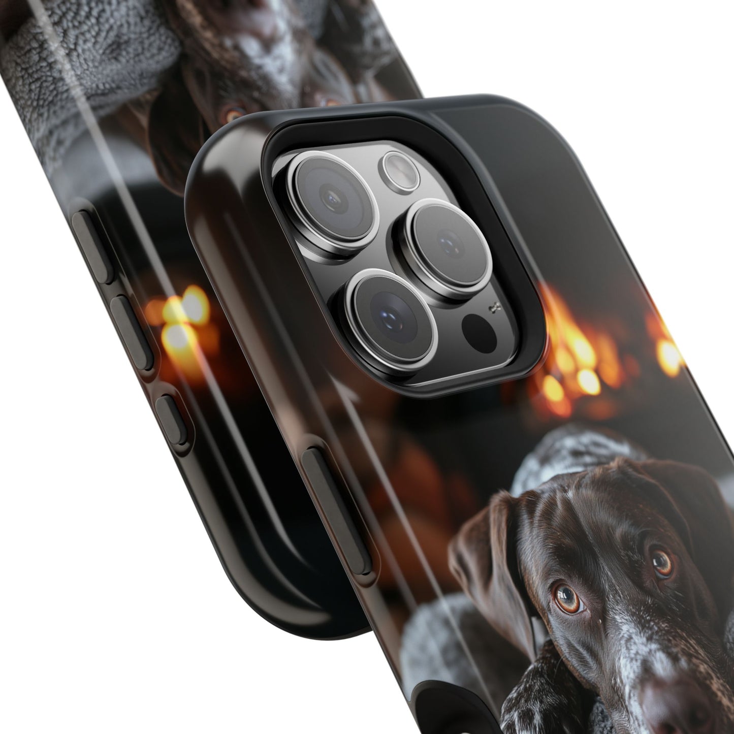 Cozy German Shorthaired Pointer MagSafe iPhone Case – Rustic Fireplace Protective Cover