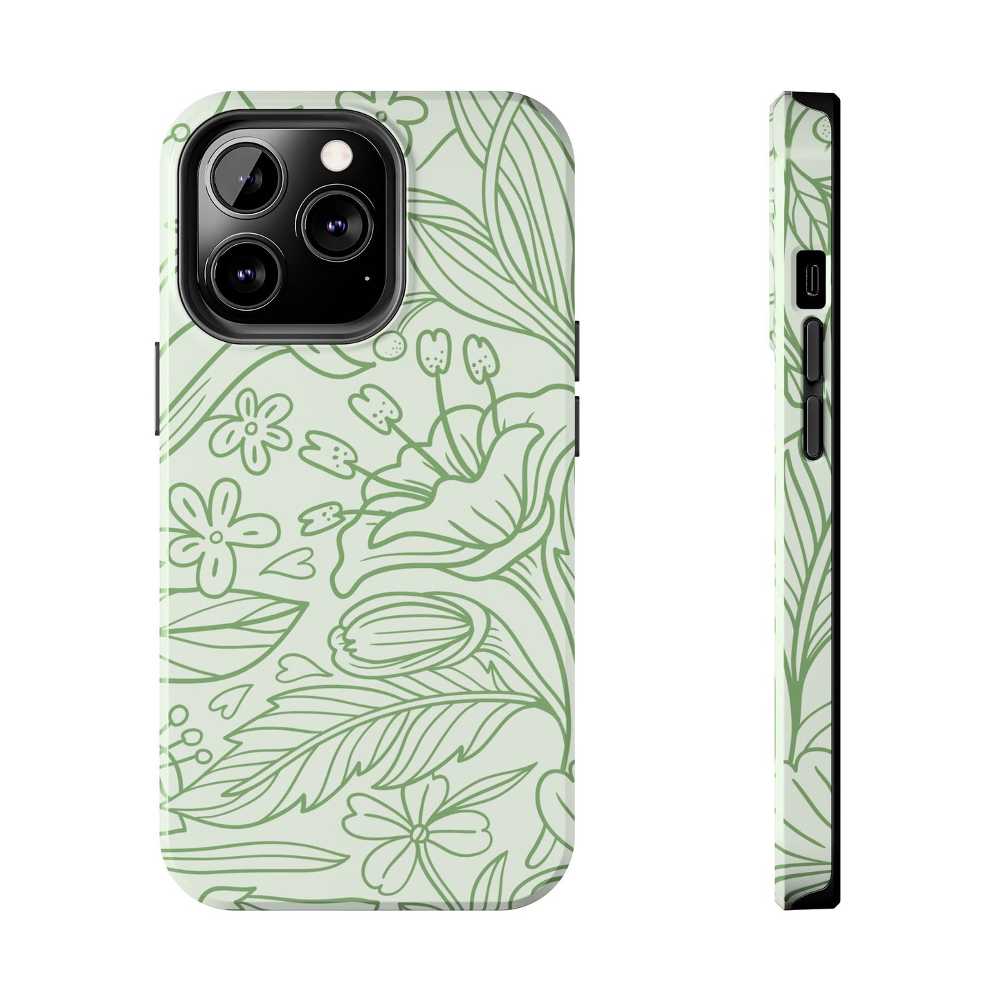Sage Green Floral Line Art Tough iPhone Case – Minimalist Botanical Design with Dual-Layer Protection