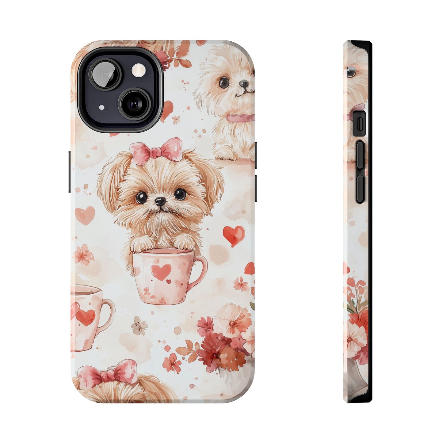 Puppies & Heart Mugs iPhone Case – Sweet Dog & Floral Design, Shockproof & Slim - BOGO Cases