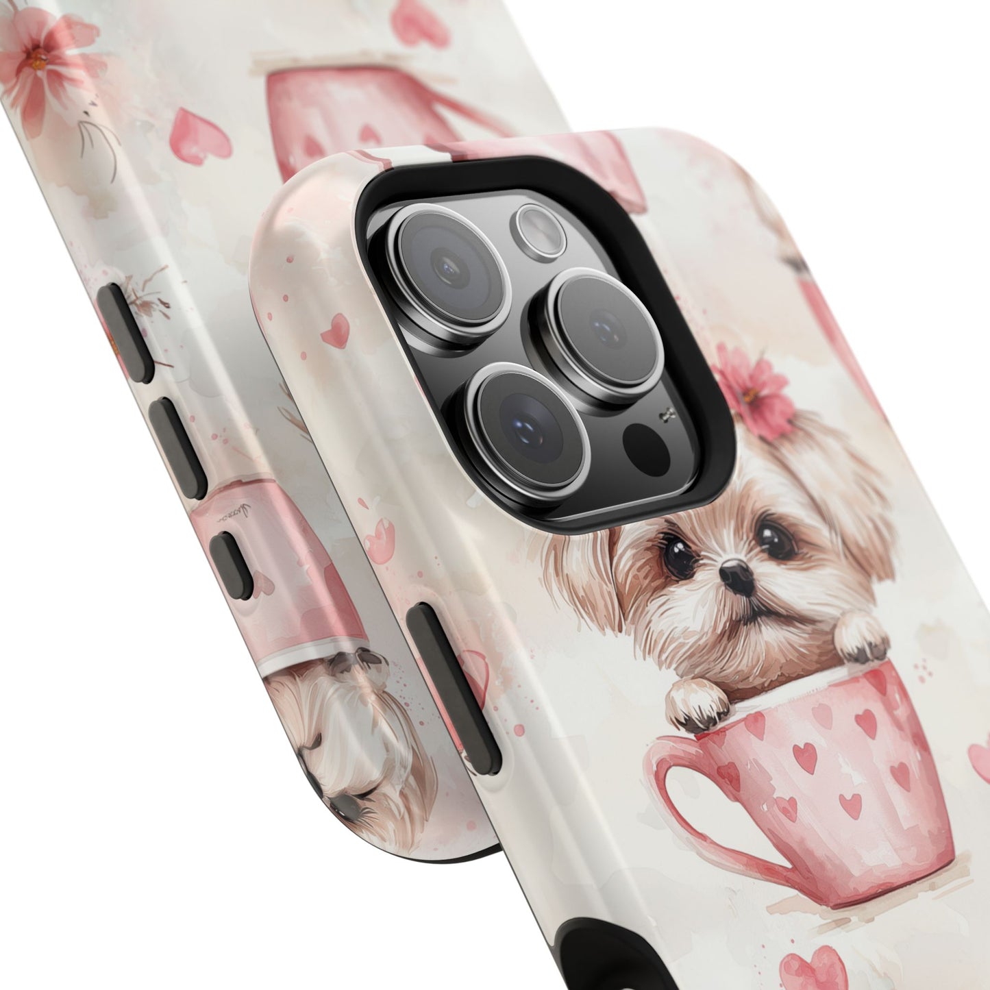 Floral Puppy in Teacup MagSafe iPhone Case – Cute Pink Flower Design, Tough Dual-Layer Protection