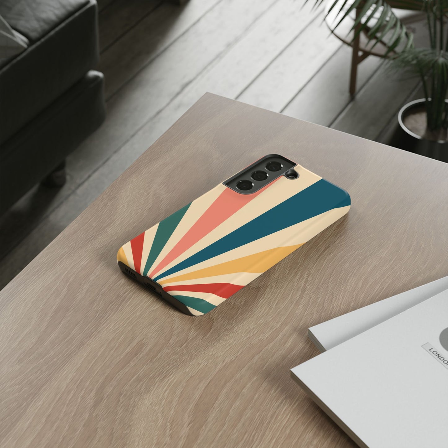 Retro Sunbeam Samsung Galaxy Case – 70s-Inspired Radiating Stripes in Coral, Teal, and Mustard