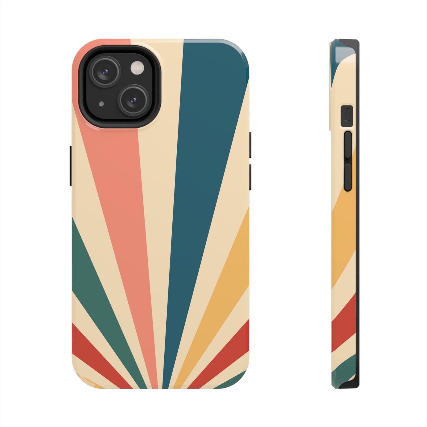 Retro Sunbeam iPhone Case – 70s-Inspired Radiating Stripes in Coral, Teal, and Mustard