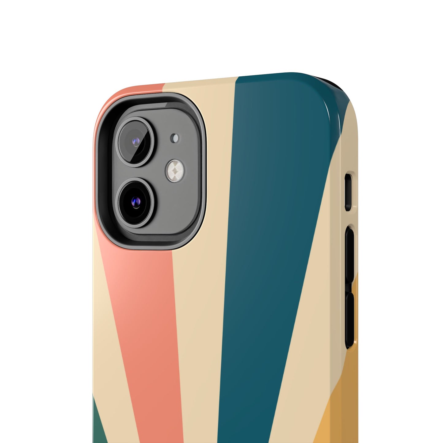 Retro Sunbeam iPhone Case – 70s-Inspired Radiating Stripes in Coral, Teal, and Mustard
