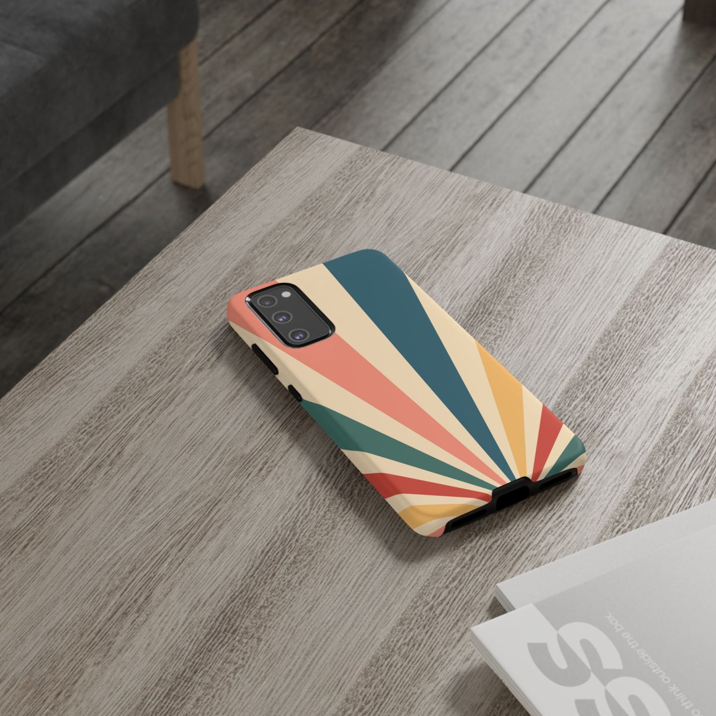 Retro Sunbeam Samsung Galaxy Case – 70s-Inspired Radiating Stripes in Coral, Teal, and Mustard