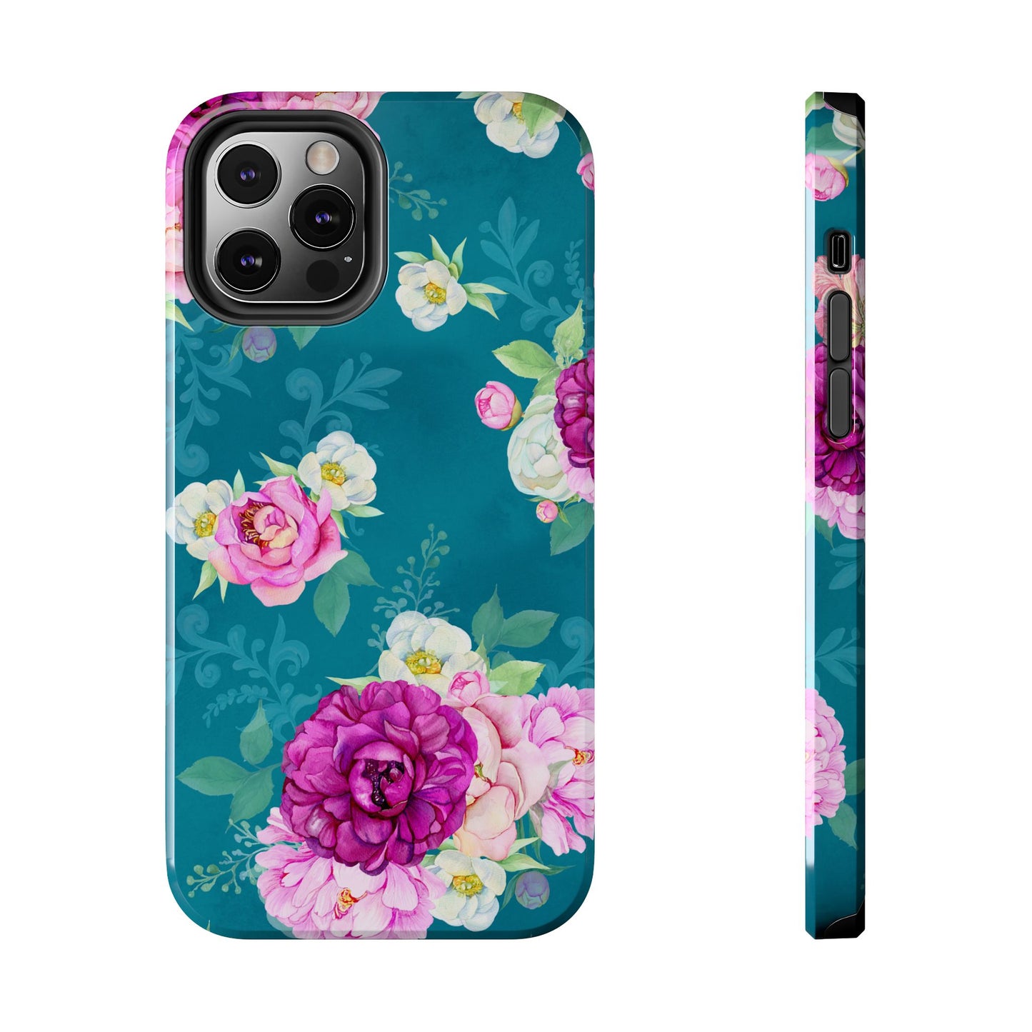 Elegant Peony Bouquet iPhone Case – Deep Teal Background with Romantic Floral Design