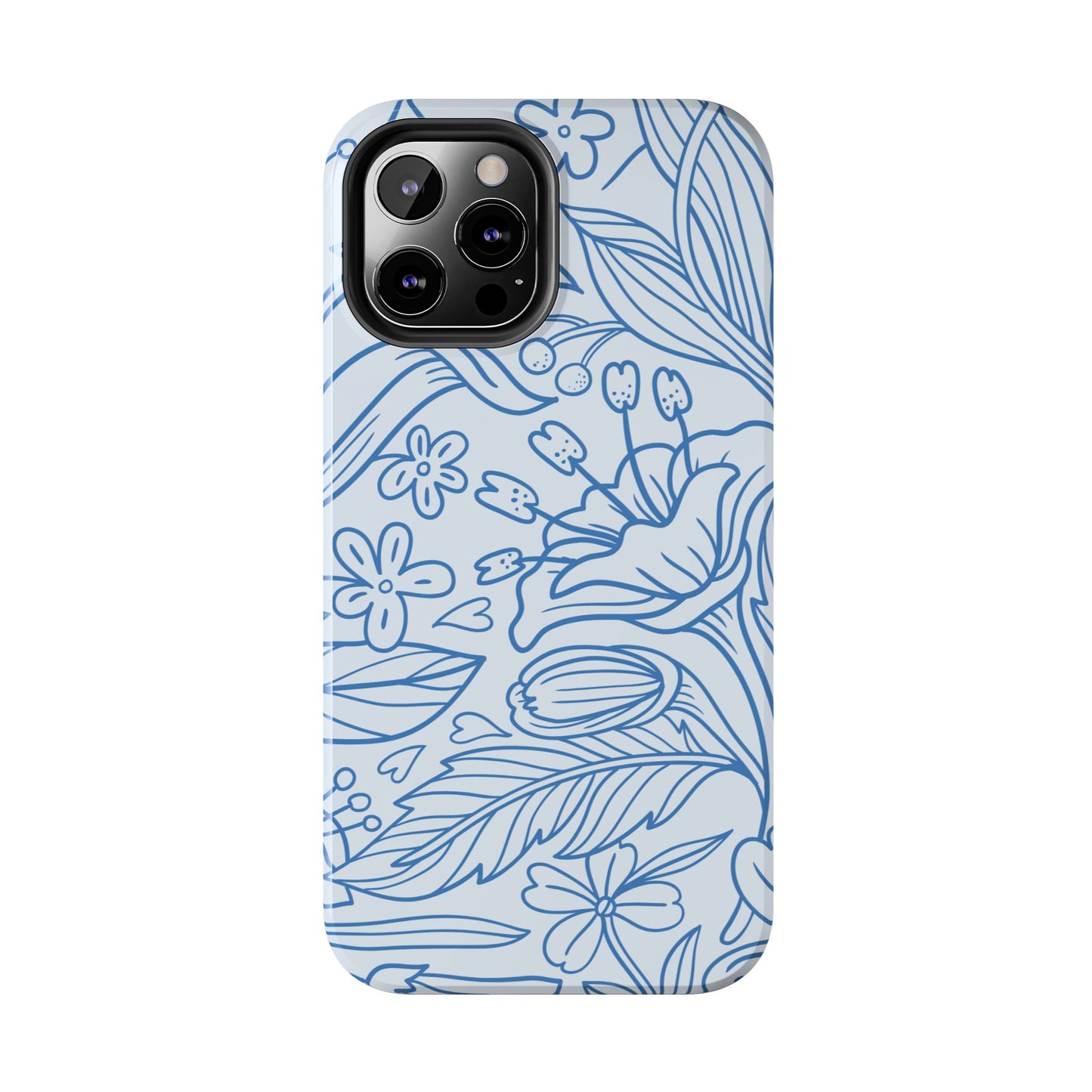 Dusty Blue Floral Line Art Tough iPhone Case – Minimalist Botanical Design with Dual-Layer Protection