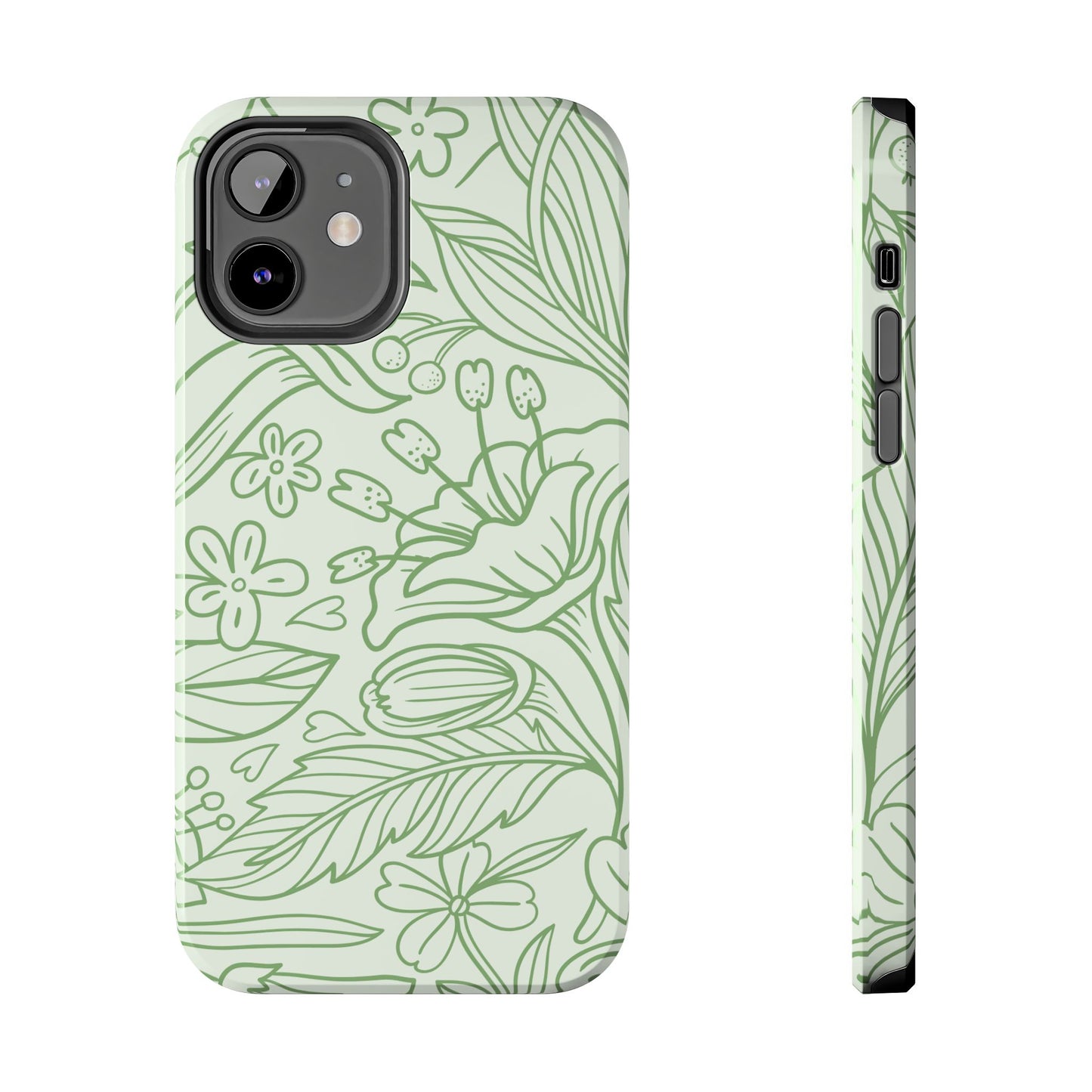 Sage Green Floral Line Art Tough iPhone Case – Minimalist Botanical Design with Dual-Layer Protection