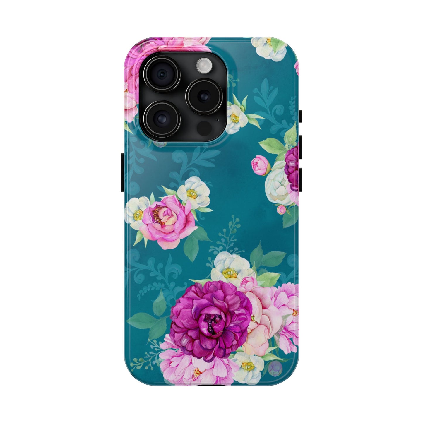 Elegant Peony Bouquet iPhone Case – Deep Teal Background with Romantic Floral Design