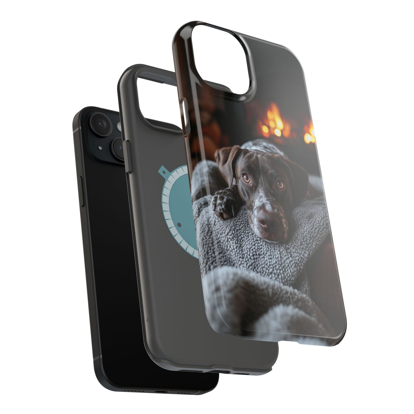 Cozy German Shorthaired Pointer MagSafe iPhone Case – Rustic Fireplace Protective Cover