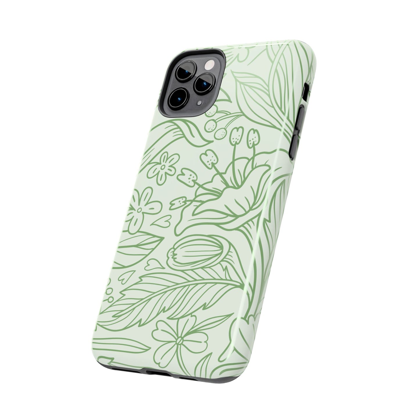Sage Green Floral Line Art Tough iPhone Case – Minimalist Botanical Design with Dual-Layer Protection