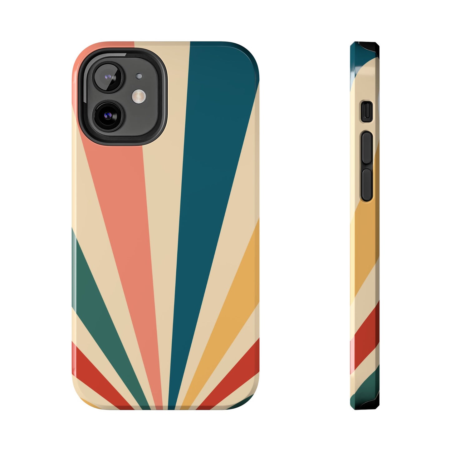 Retro Sunbeam iPhone Case – 70s-Inspired Radiating Stripes in Coral, Teal, and Mustard