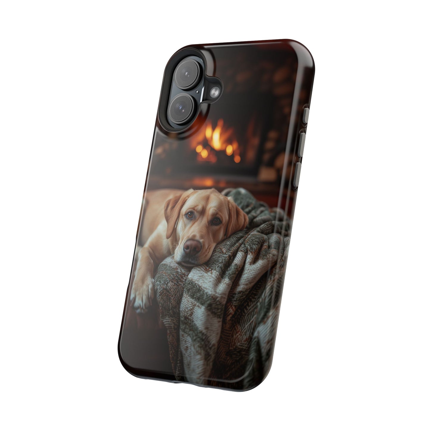 Cozy Labrador by Fireplace MagSafe iPhone Case – Rustic Cabin Protective Cover
