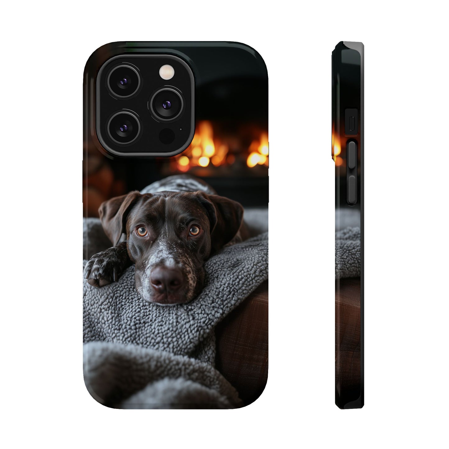 Cozy German Shorthaired Pointer MagSafe iPhone Case – Rustic Fireplace Protective Cover