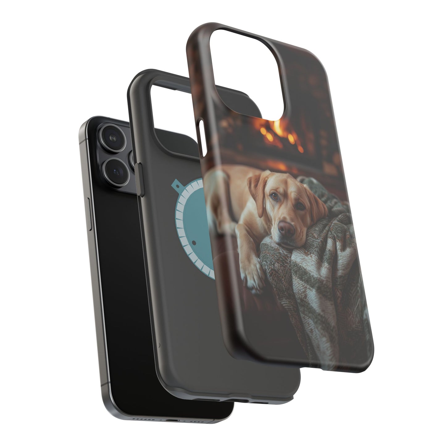 Cozy Labrador by Fireplace MagSafe iPhone Case – Rustic Cabin Protective Cover