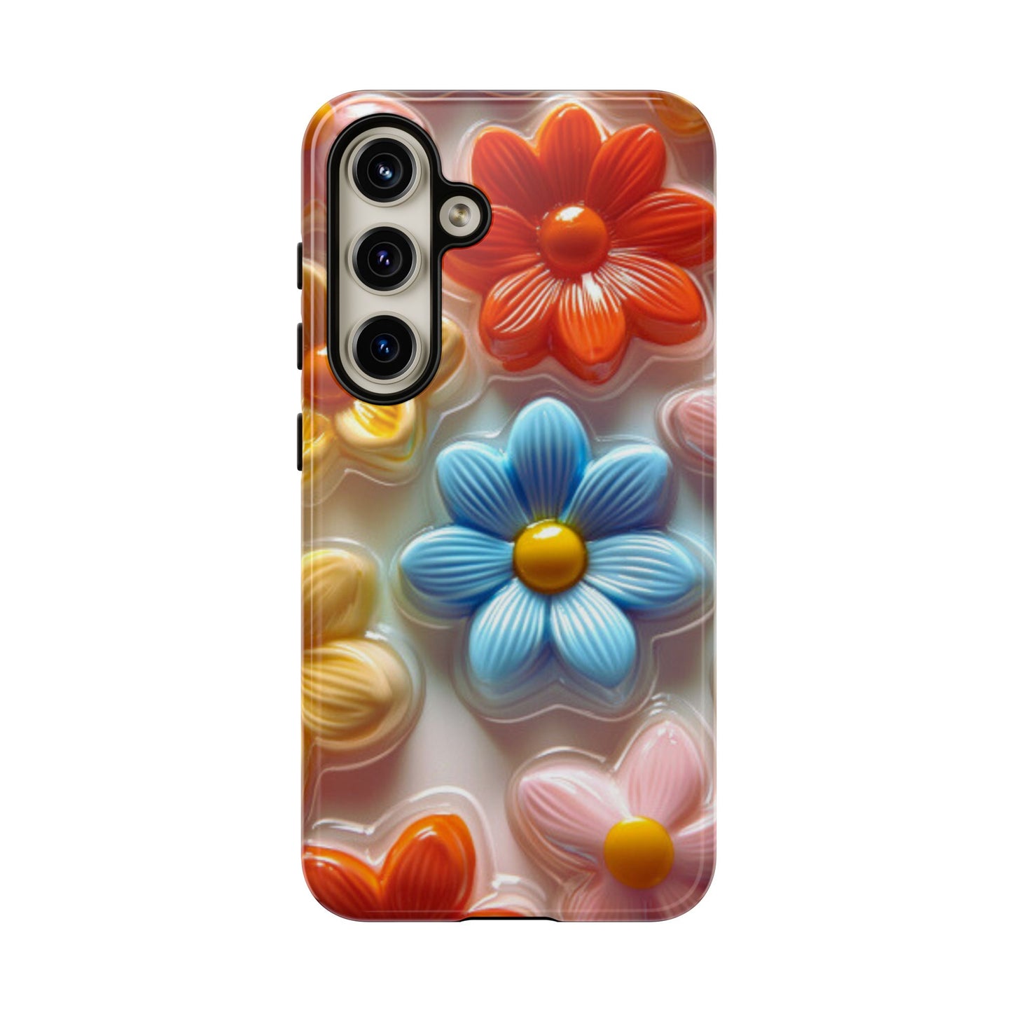 Glossy Retro Flower Samsung Galaxy Case – Colorful 3D Floral Design, Durable Protection
