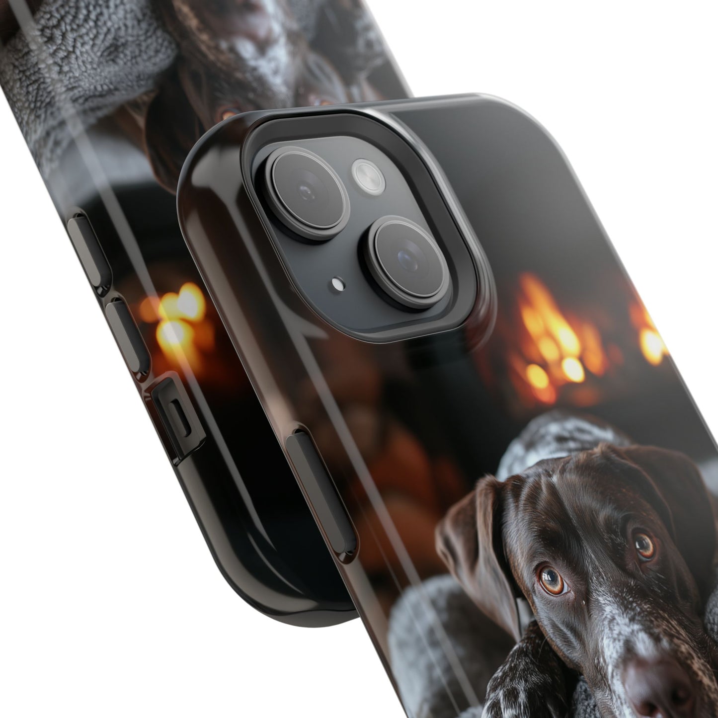 Cozy German Shorthaired Pointer MagSafe iPhone Case – Rustic Fireplace Protective Cover
