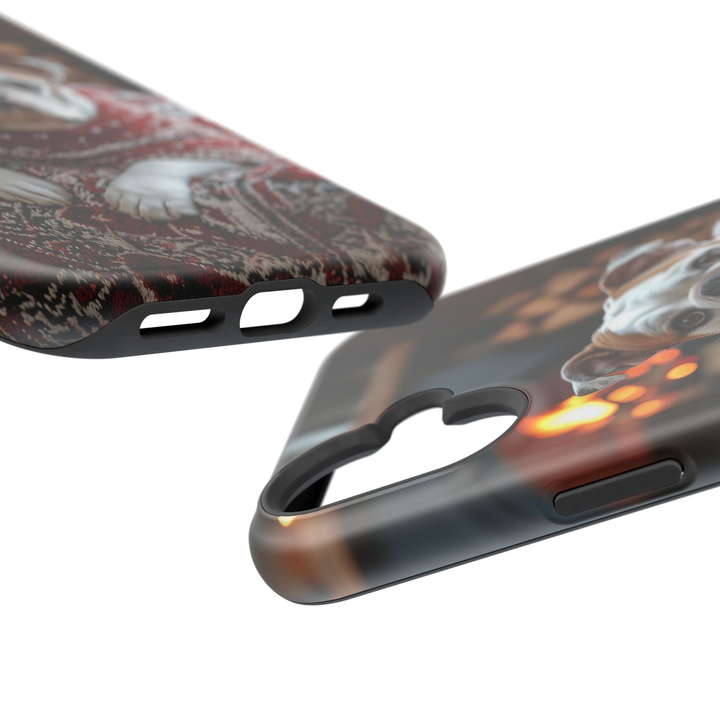 Cozy Bulldog in Sweater MagSafe iPhone Case – Festive Fireplace Protective Cover