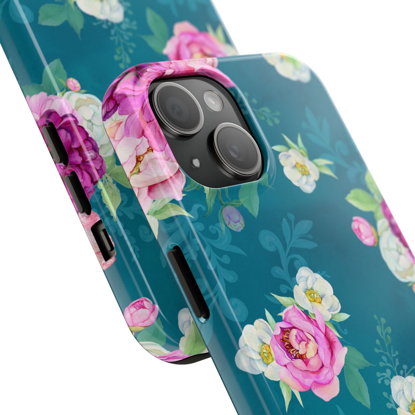 Elegant Peony Bouquet iPhone Case – Deep Teal Background with Romantic Floral Design