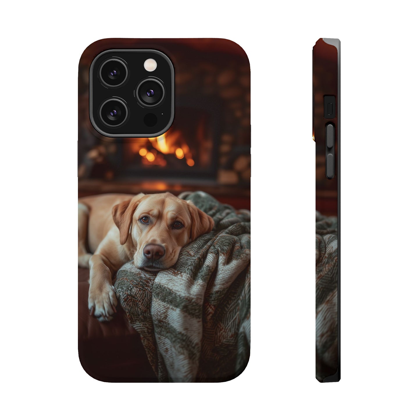 Cozy Labrador by Fireplace MagSafe iPhone Case – Rustic Cabin Protective Cover
