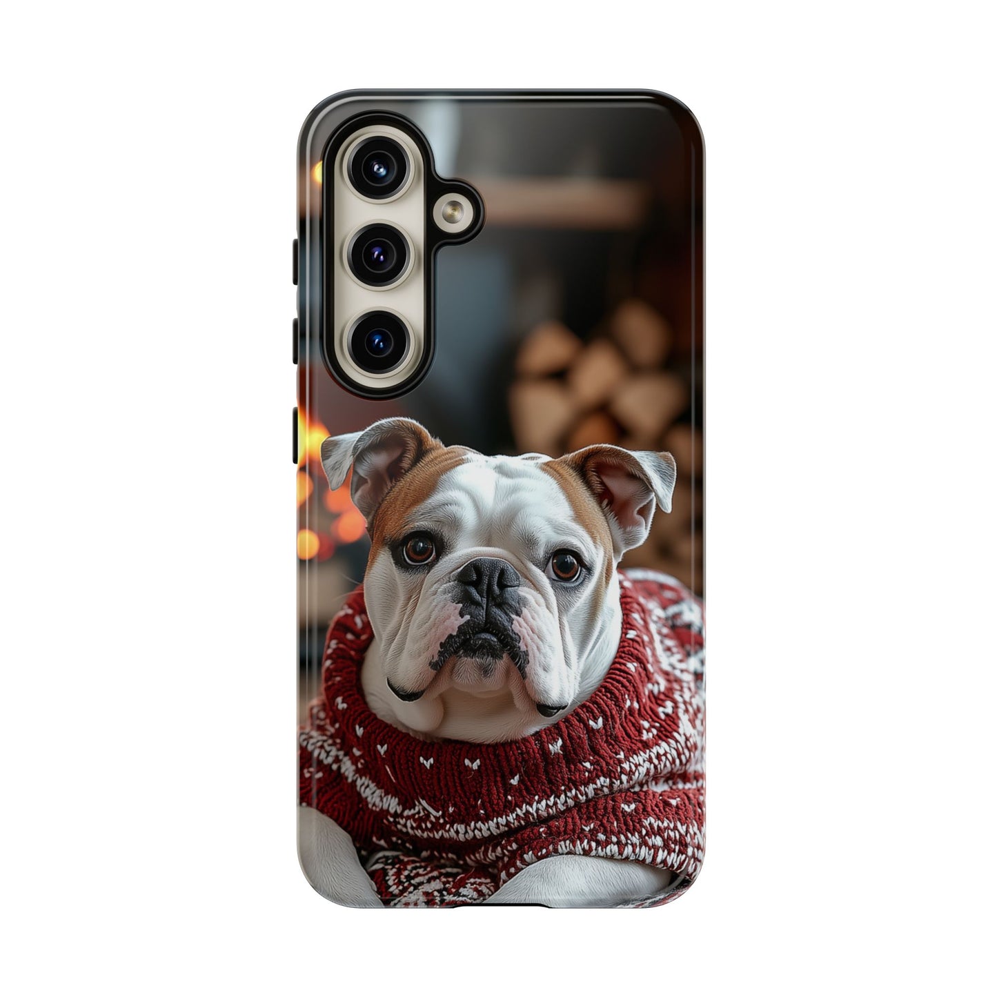Cozy Bulldog in Sweater Samsung Galaxy Case – Festive Fireplace Protective Cove