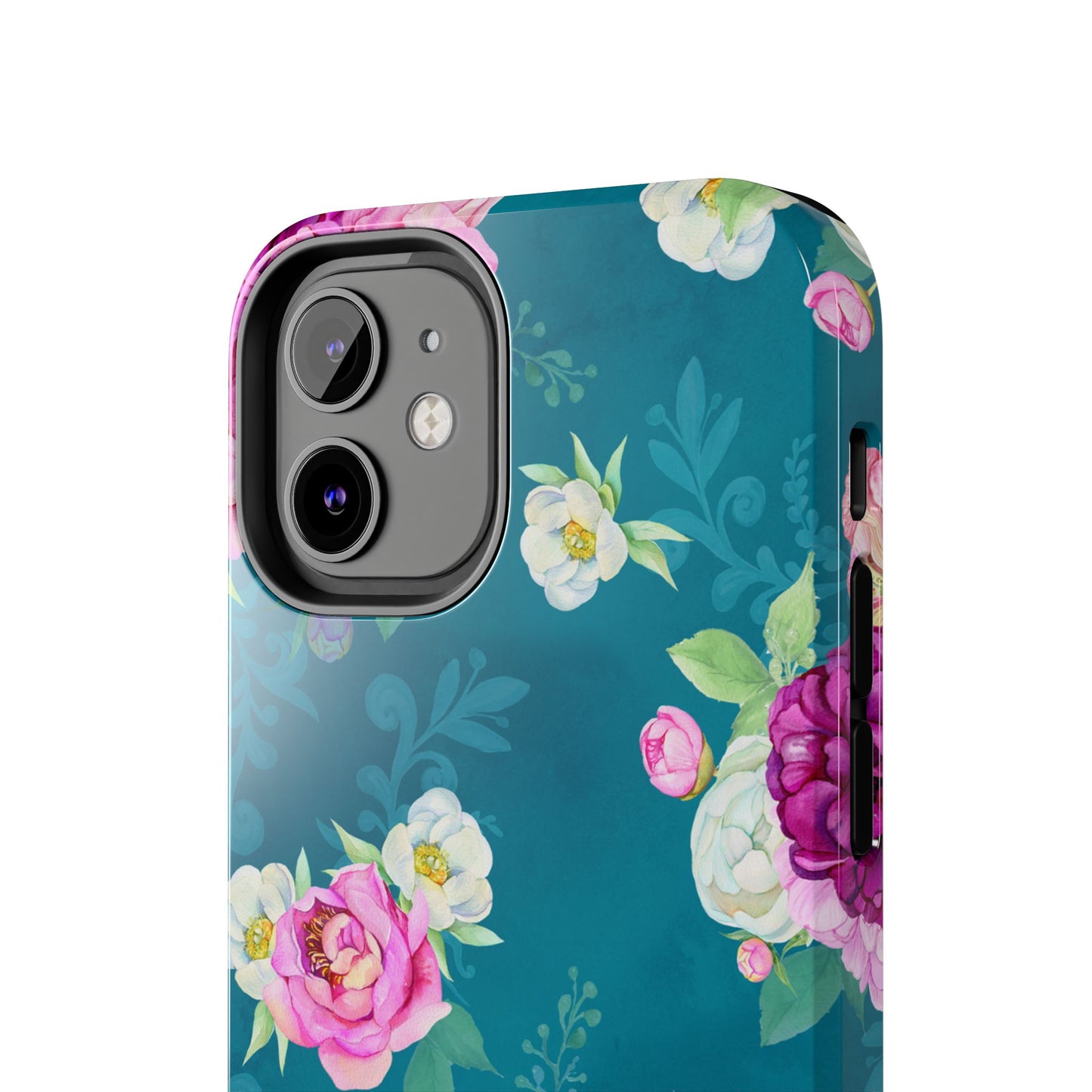 Elegant Peony Bouquet iPhone Case – Deep Teal Background with Romantic Floral Design