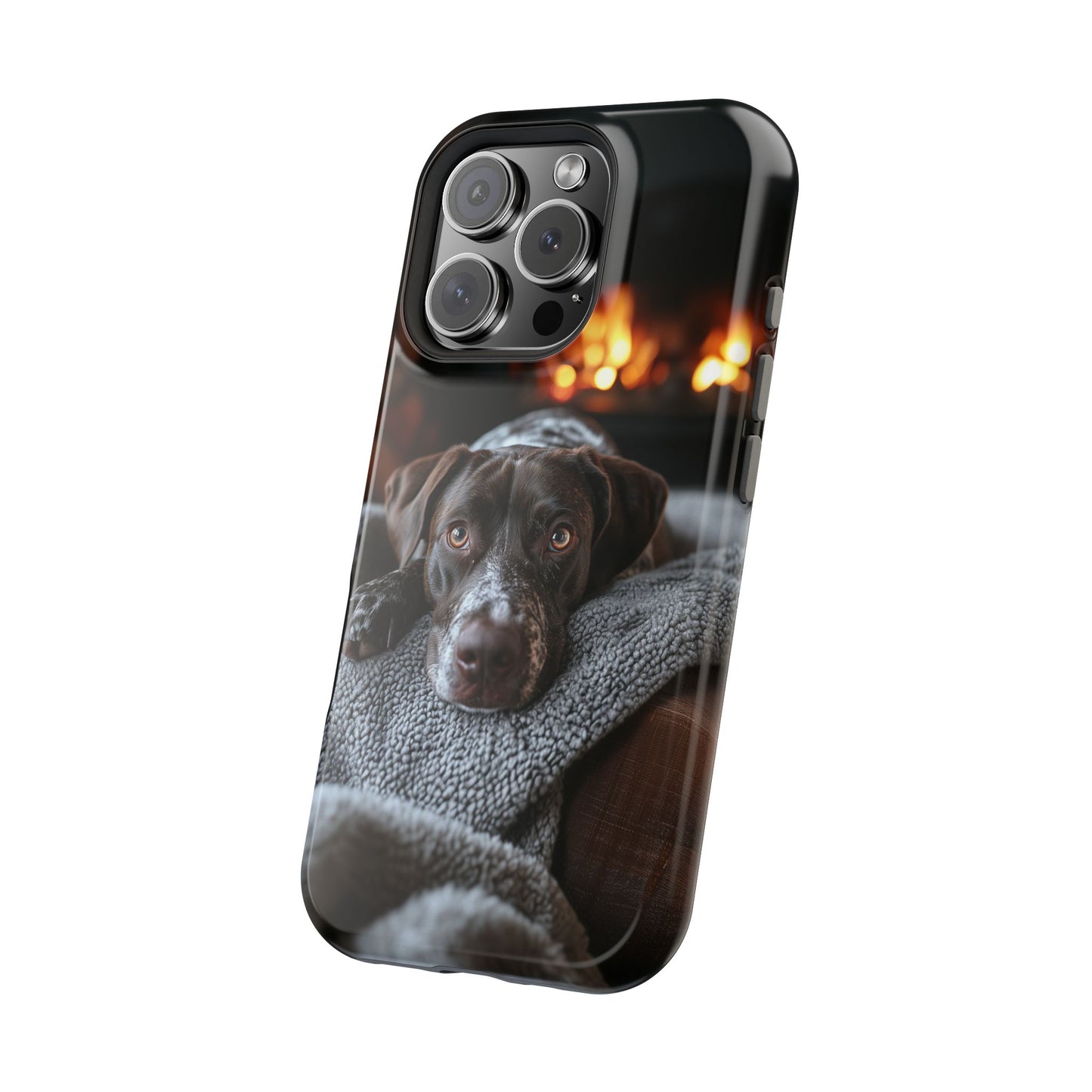 Cozy German Shorthaired Pointer MagSafe iPhone Case – Rustic Fireplace Protective Cover