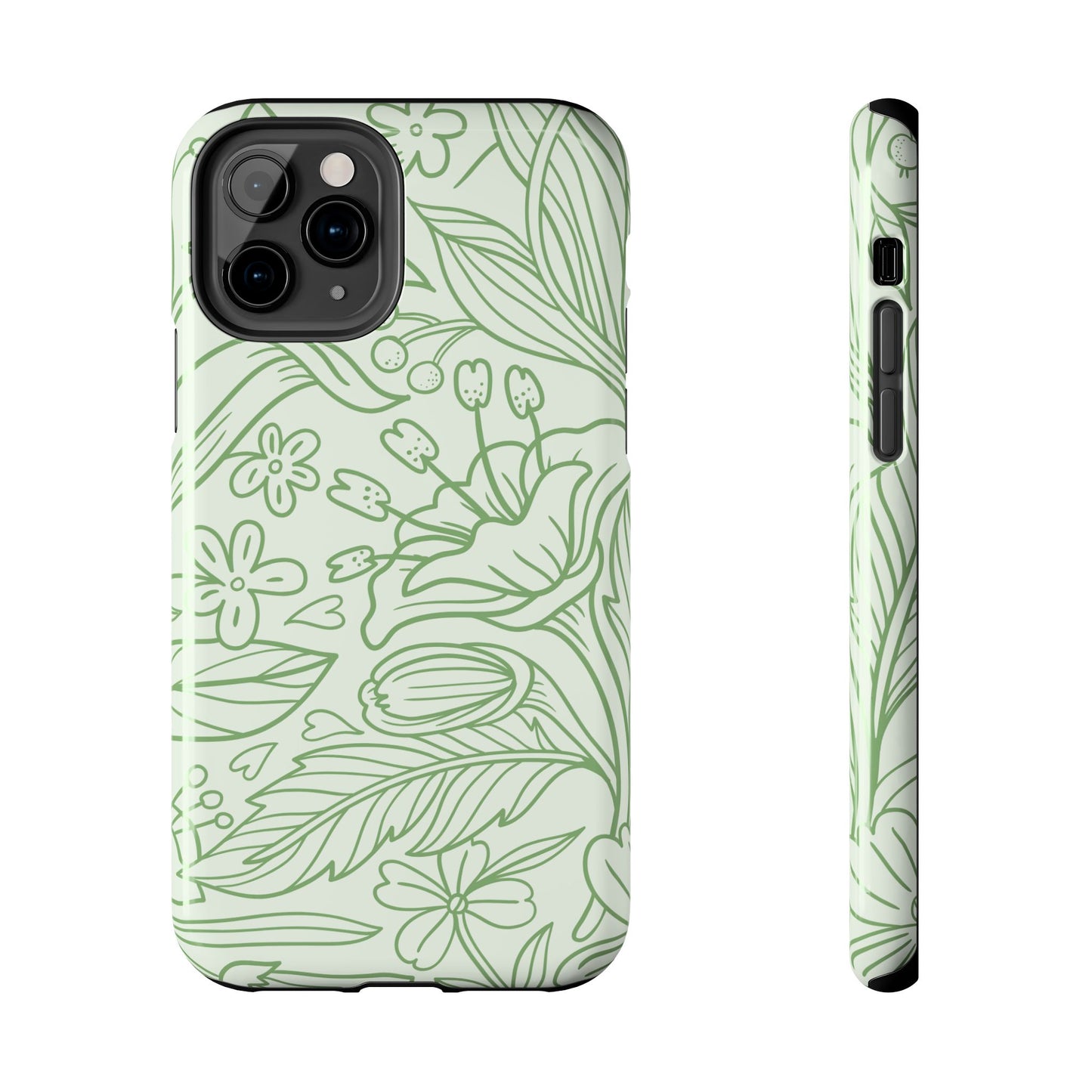 Sage Green Floral Line Art Tough iPhone Case – Minimalist Botanical Design with Dual-Layer Protection