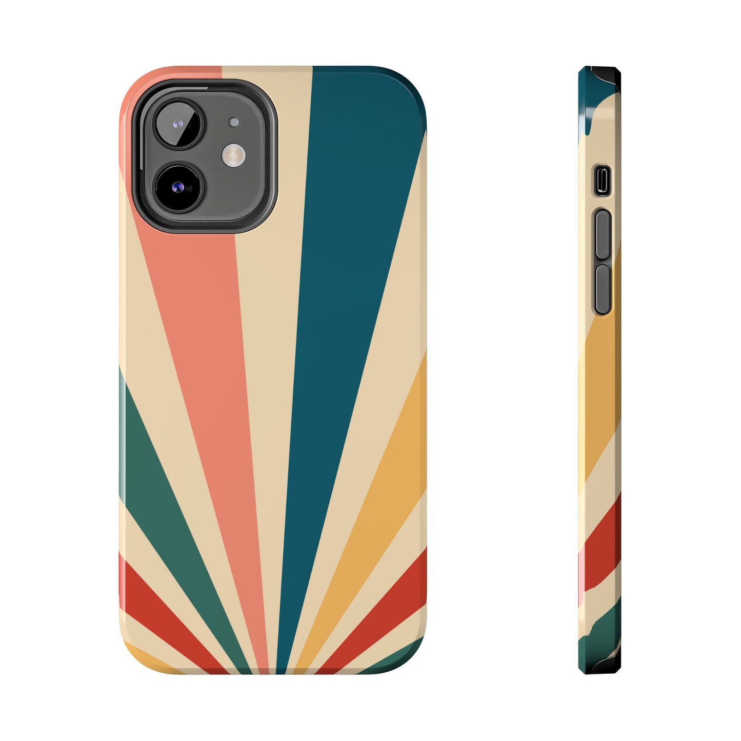 Retro Sunbeam iPhone Case – 70s-Inspired Radiating Stripes in Coral, Teal, and Mustard