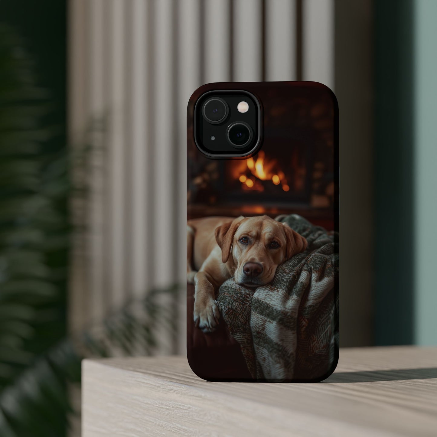 Cozy Labrador by Fireplace MagSafe iPhone Case – Rustic Cabin Protective Cover