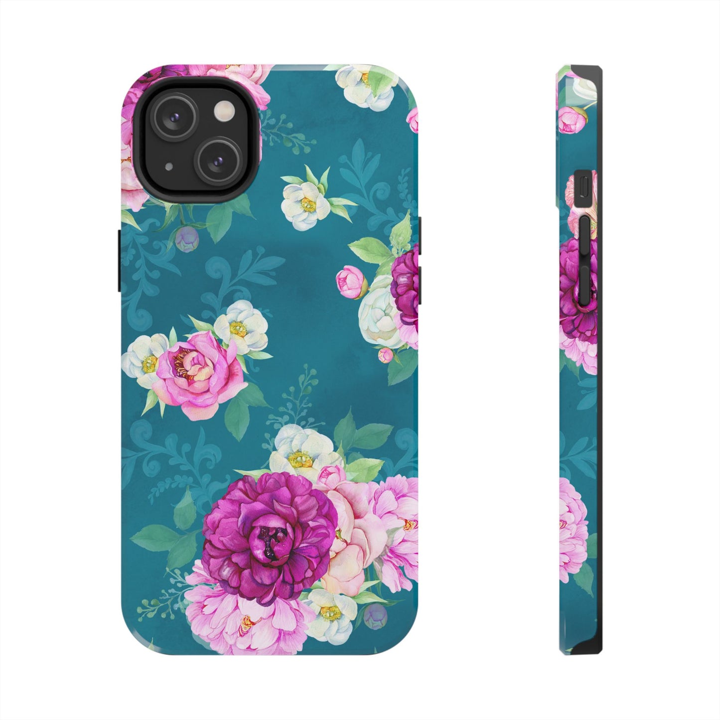 Elegant Peony Bouquet iPhone Case – Deep Teal Background with Romantic Floral Design
