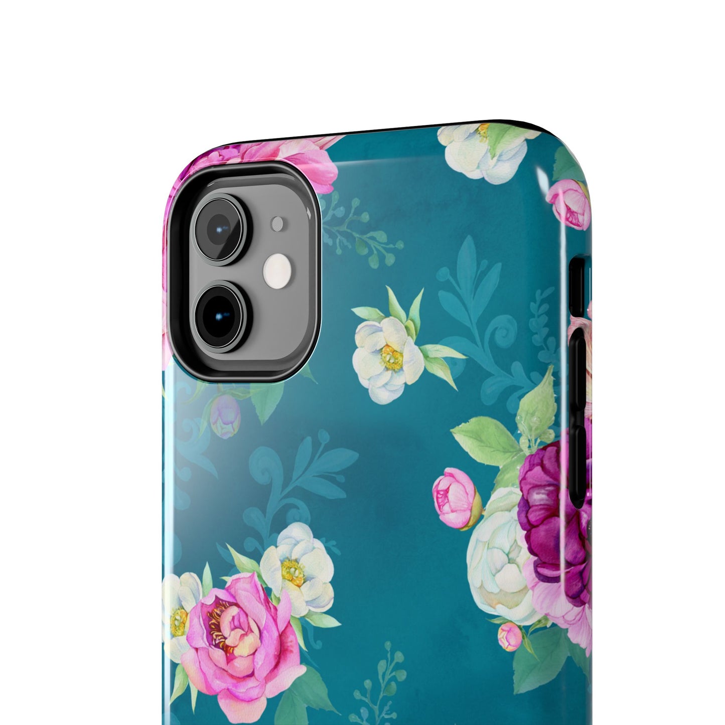 Elegant Peony Bouquet iPhone Case – Deep Teal Background with Romantic Floral Design